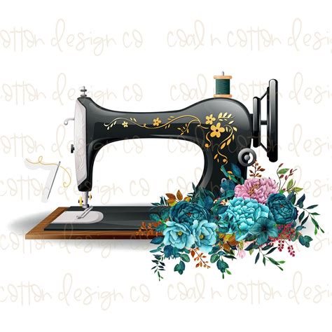 Teal Sewing Machine With Watercolor Flowers For Sublimation Clipart