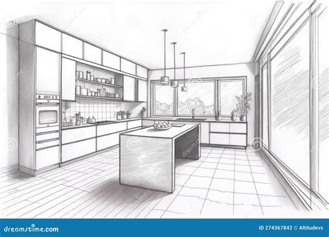 Simple, Pencil Sketch of a Modern Kitchen with Sleek and Clean Lines ...