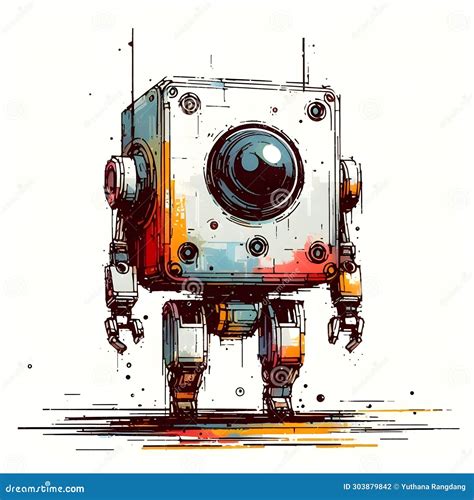 Minimalist Painting Of Sci Fi Cute Robot Pen And Ink Sketch Stock