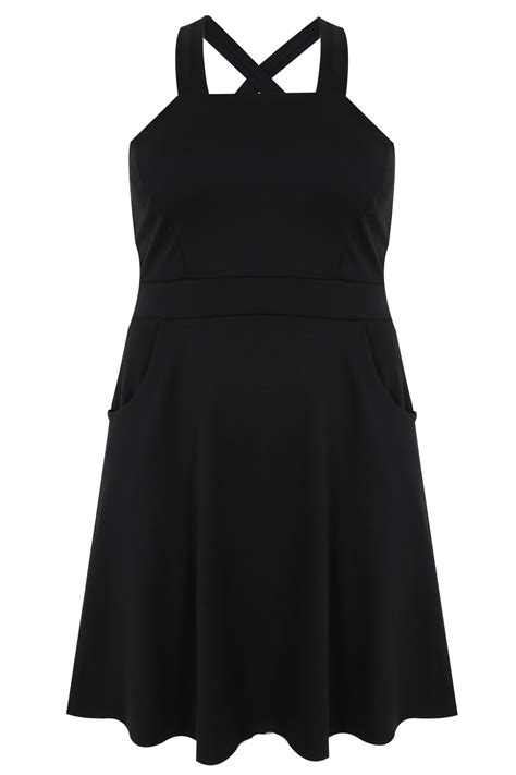 Black Ponte Skater Pinafore Dress With Pockets Plus Size 14 To 32