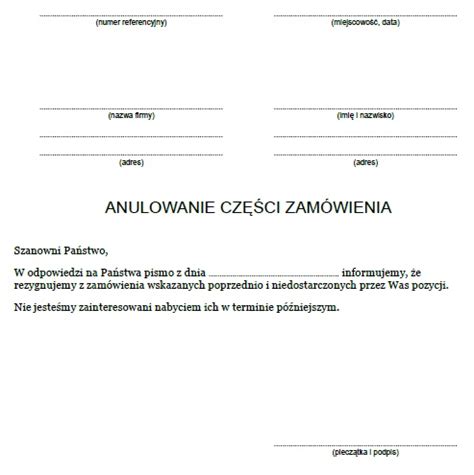 Anulowanie części zamówienia - Wzory pism