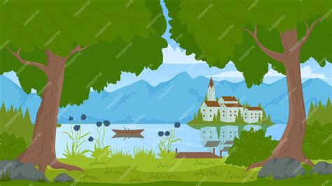 Premium Vector Summer Green Nature Landscape With Town On Lake Island