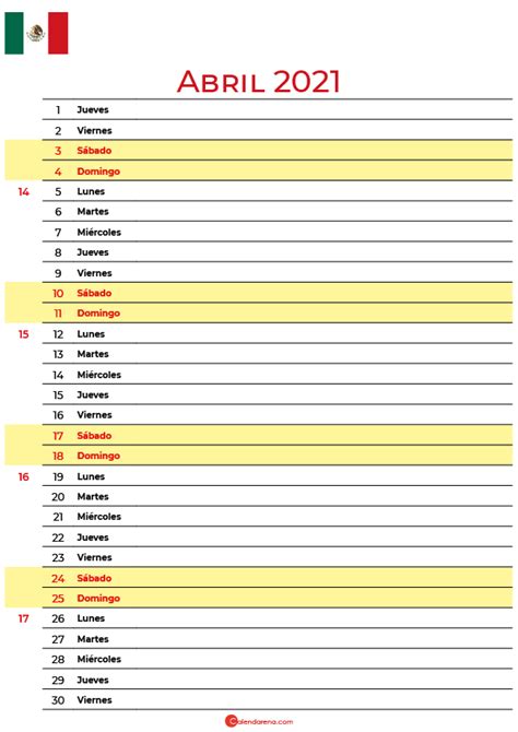 Descargar Gratis Calendario Abril 2021 Mexico