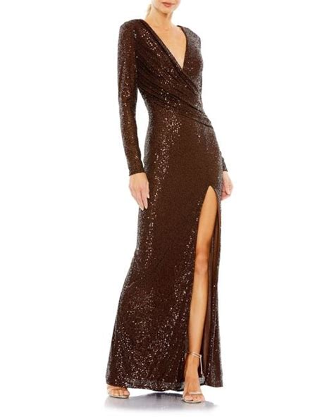 Mac Duggal Sequin Ruched Long Sleeve Column Gown In Brown Lyst