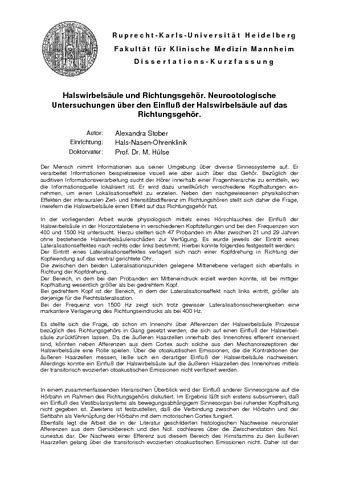 Halswirbelsäule und Richtungsgehör Neurootologische Untersuchungen