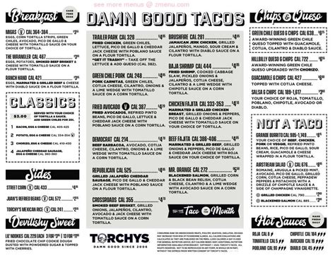 Menu at Torchy's Tacos restaurant, College Station