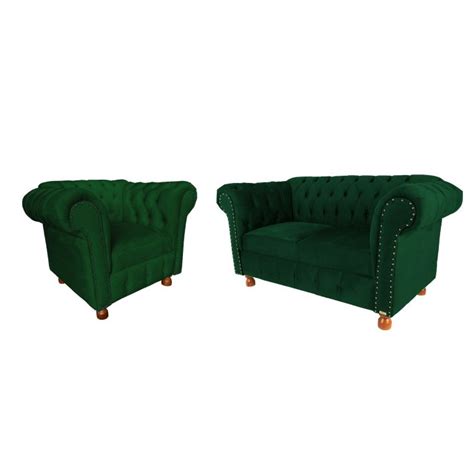 Conjunto Sofa Namoradeira Chesterfield Capitone Luis Xv Suede Verde