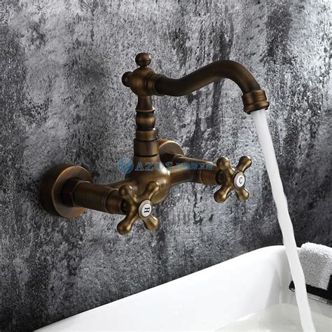 Antique Inspired Bathroom Sink Faucet Wall Mount Antique Brass Finish Hot And Cold Water Mixer
