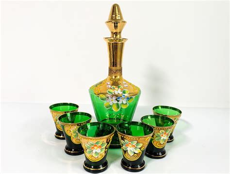 Vintage Hand Painted Green Decanter Stopper And 6 Glasses Retro Flower Pansy Design W Gold