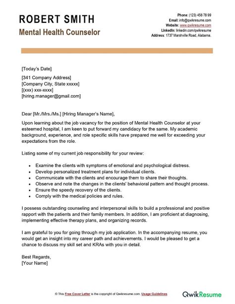 Mental Health Cover Letter Examples