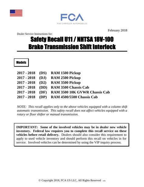 PDF Safety Recall U11 NHTSA 18V 100 Brake Transmission Shift