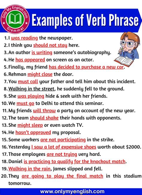 20 Examples Of Verb Phrase In Sentences Verb Examples Learn English Words English Vocabulary