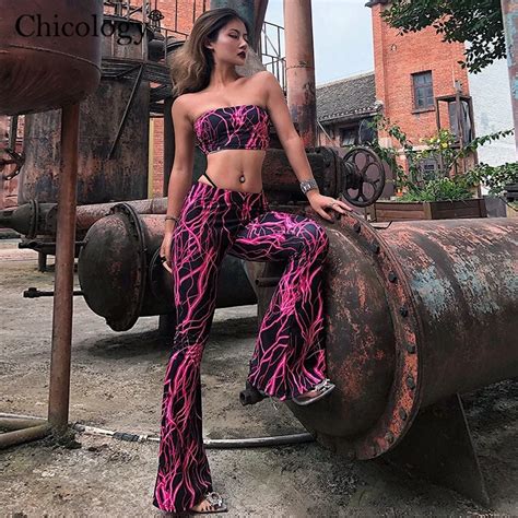 Woherb Lightning Print Boob Tube Crop Top Flare Pants 2022 Summer 2 Two Piece Matching Co Ord