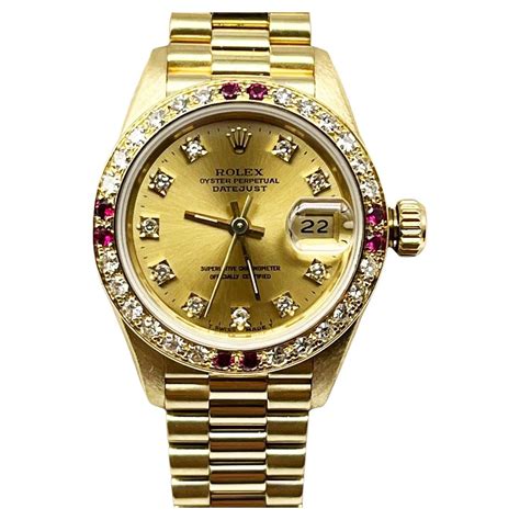 Rolex Ladies President 69178 Champagne Diamond Dial Ruby Bezel 18k Yellow Gold For Sale At