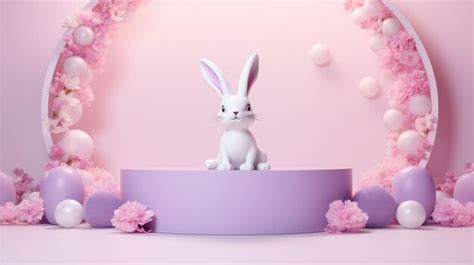 Premium Photo White Rabbit Sitting On Top Of Purple Platform