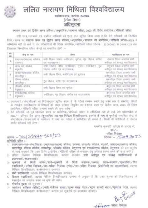 LNMU Part 2 Practical Special Exam Date 2020 23 Center