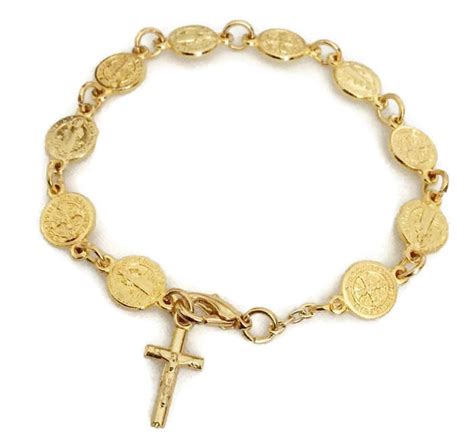 St Benedict Gold Medal Link Bracelet Saint Benedict Bracelet Etsy