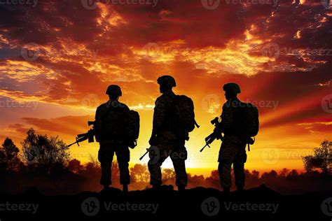 Silhouette Of Soldiers On A Sunset Background Concept Of War Ai