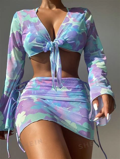 SHEIN Swim Conjunto de bikini con estampado floral de acuarela Sujetador de triángulo halter y