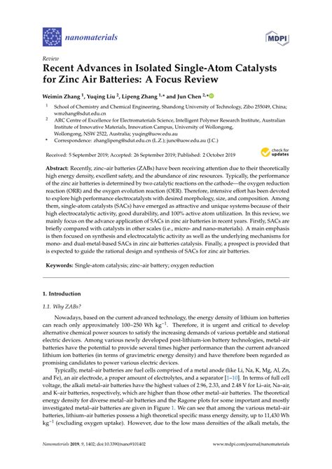 Pdf Recent Advances In Isolated Single Atom Catalysts For Zinc Air Batteries A Focus Review