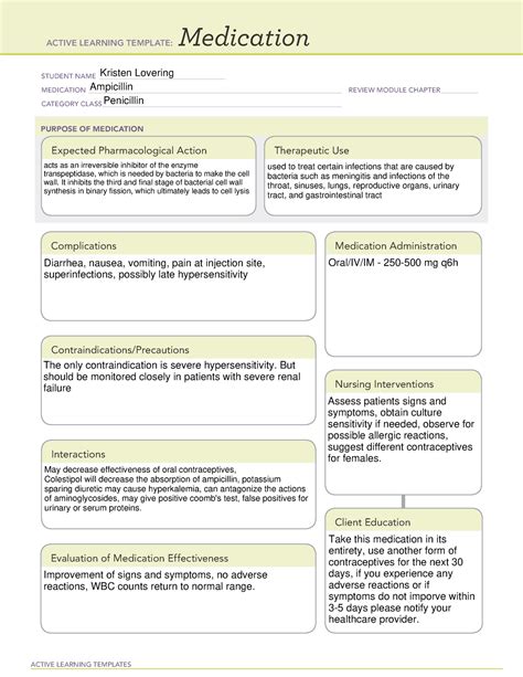 Ampicillin Med Sheet ACTIVE LEARNING TEMPLATES Medication STUDENT