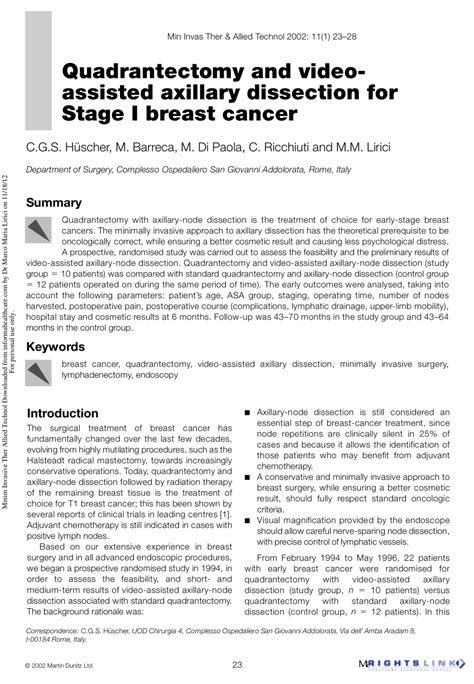 Pdf Quadrantectomy And Video Assisted Axillary Dissection For Stage I Breast Cancer