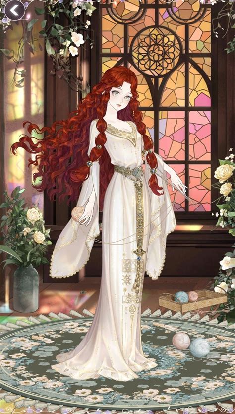 A Woman With Long Red Hair Standing In Front Of A Stained Glass Window