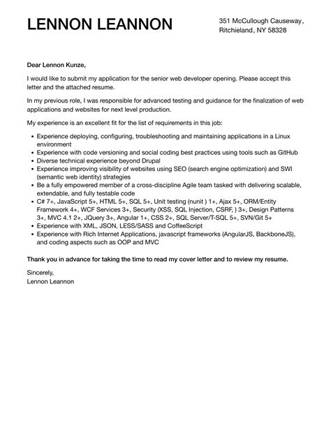 Senior Web Developer Cover Letter Velvet Jobs