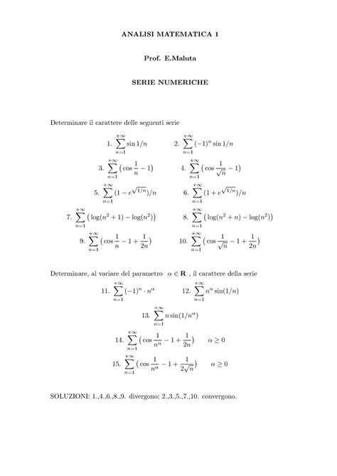 Esercizi Su Serie Numeriche ANALISI MATEMATICA 1 Prof E SERIE