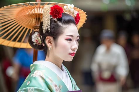 Hermosa mujer asiática en kimono con traje tradicional japonés ai