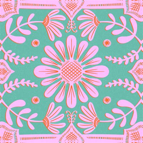 Boho Florals Pink Green Square Wallpaper | Happywall