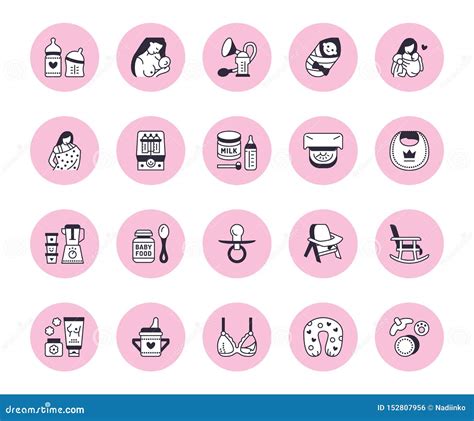 Breastfeeding Baby Food Vector Flat Line Icons Breast Feeding