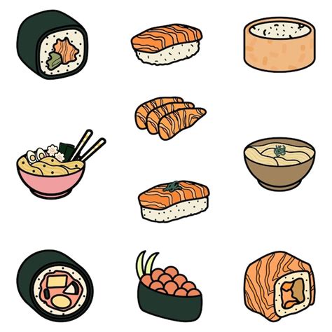 Conjunto de ilustração de linha plana fofa de comida japonesa Vetor