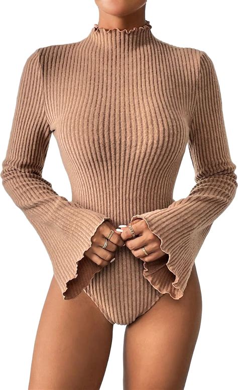 Amazon Cozyease Women S Mock Neck Bodysuit Tops Long Flare Sleeve