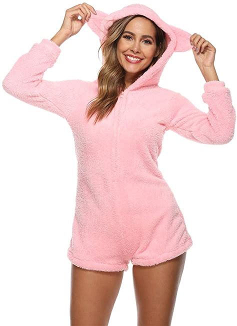 Amiliashp Womens Cute Sherpa Romper Fleece Onesie Pajama One Piece