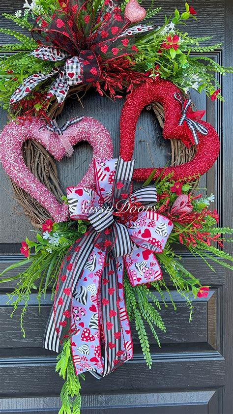 Valentines Wreath Double Hearts Valentines Day Door Wreath Valentines