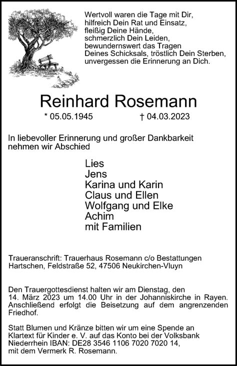 Traueranzeigen Von Reinhard Rosemann Trauer In NRW De