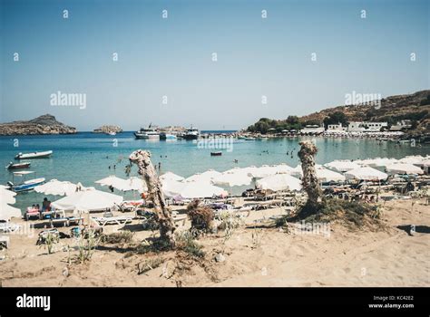 Lindos, Greece - Septemeber 10, 2016: View of the beach town of Lindos ...