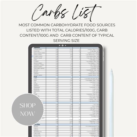 Carbohydrate Food Chart, Carbs Content Sheet Pdf, Carb Counting Food List Printable,digital ...