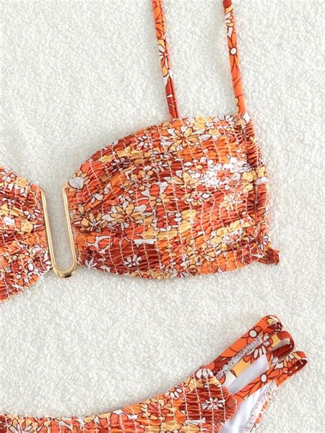 SHEIN Swim Vcay Floral Print Bikini Set V Wired Smocked Cami Bra Cheeky Bottom Piece Bathing