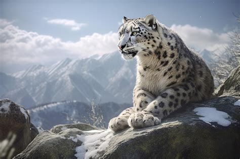 Un Leopardo De Las Nieves Se Sienta En Una Roca Frente A Una Cordillera