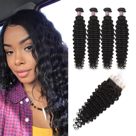 Virgin Brazilian Deep Wave Hair 4 Bundles With Lace Closure