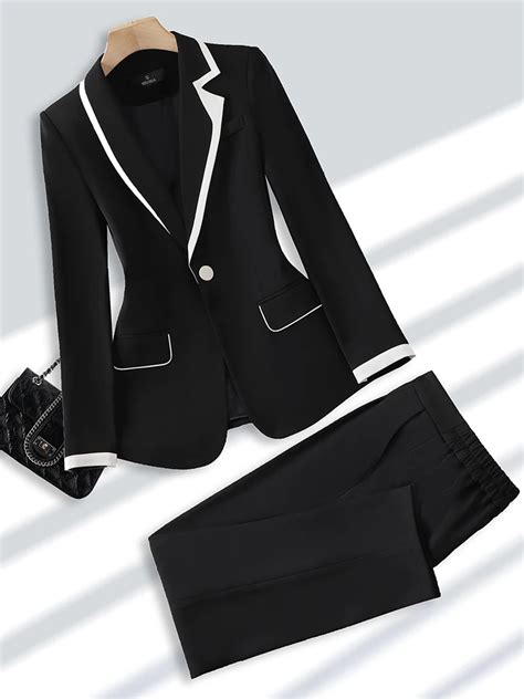 Black Khaki 2 Piece Set Ladies Pant Suit Formal Women Office Business