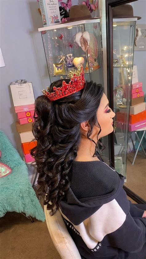 Quincea Era Glam Red Crown Half Up Half Down Hairstyle Quince