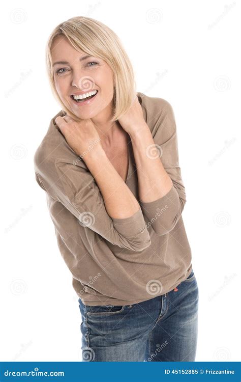 Feiernde Und Zujubelnde Lokalisierte Reife Blonde Frau Mit Zuerst Stockbild Bild Von Froh