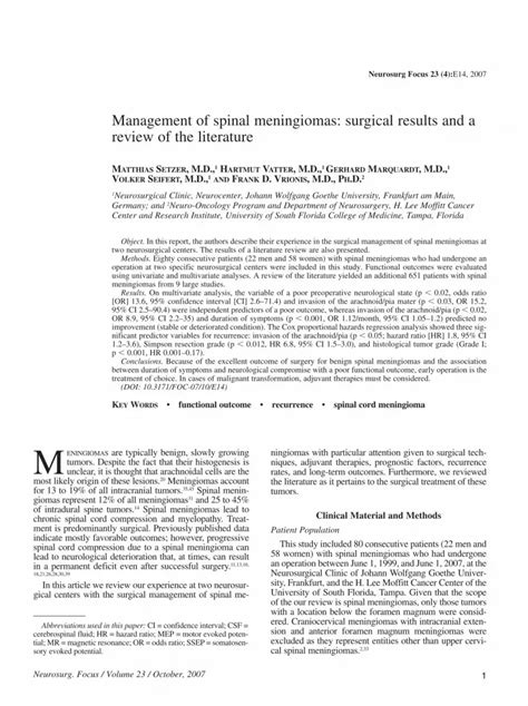 Management Of Spinal Meningiomas Surgical Results And A Review Of The