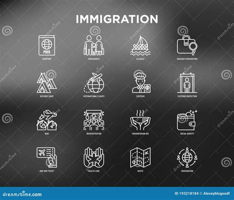 Immigration Thin Line Icons Set Immigrants Illegals Baggage