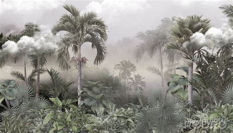 Tropical Trees And Leaves Wallpaper Design In Foggy Forest Fototapete