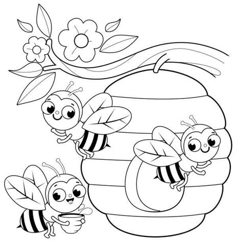 Abejas Con Colmena En Árbol Para Colorear Imprimir E Dibujar