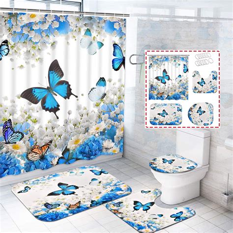 FRAMICS Blue Butterfly Shower Curtain Set With Rugs Flower Pattern